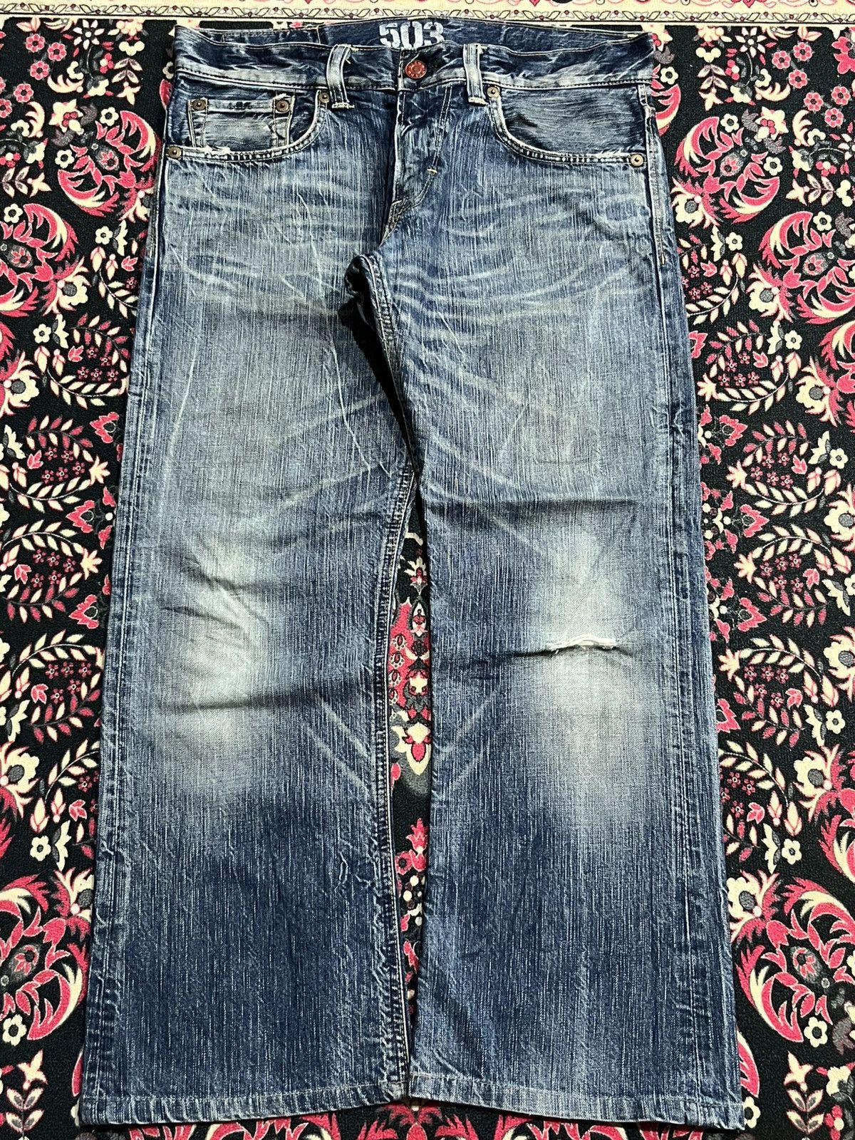 Edwin Edwin 503 Blue Trip Blue Faded Washed Ripped Flare Jeans Size US 32 / EU 48 - 1 Thumbnail