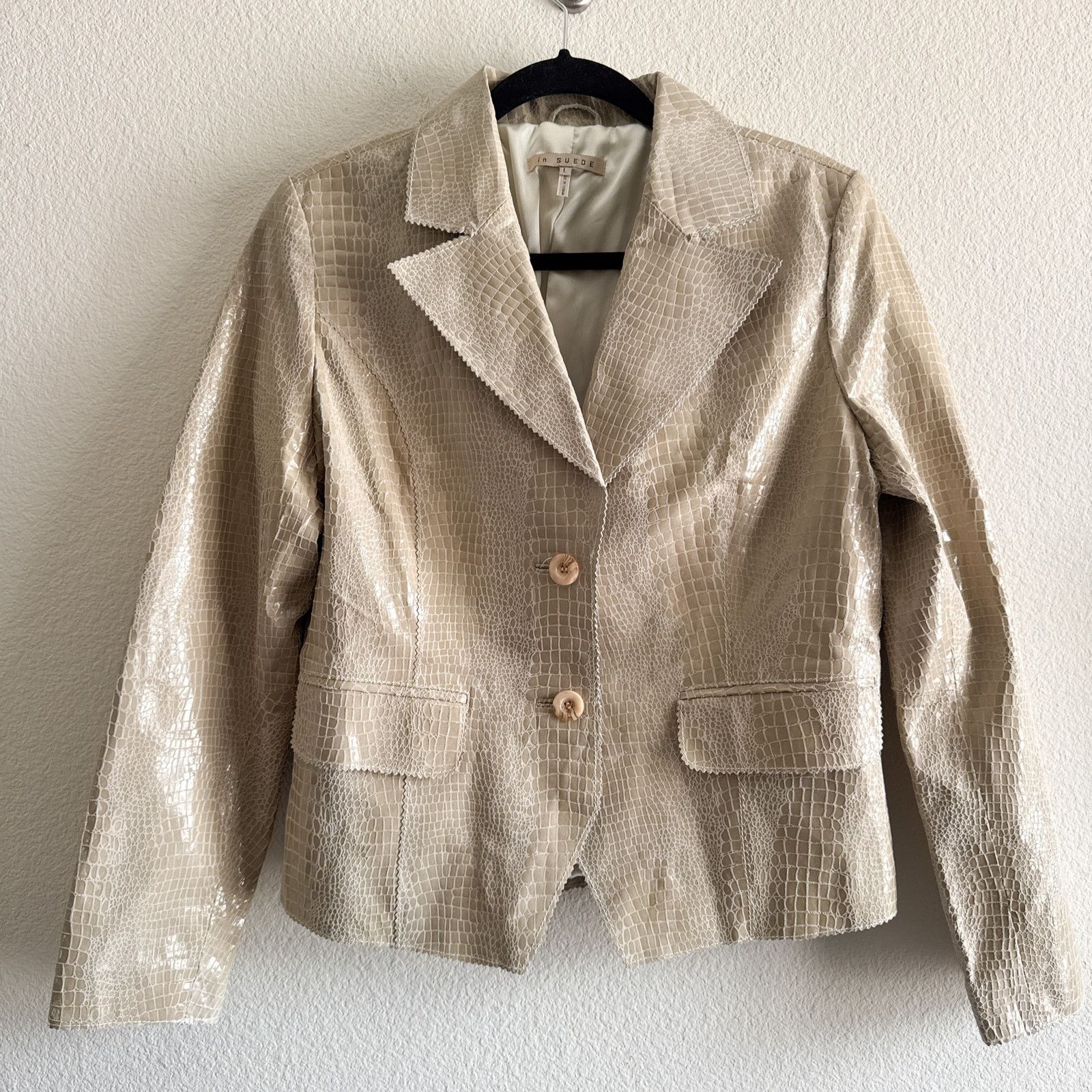 Other Croc Embossed Leather Blazer Jacket Beige Glossy Textured Size L / US 10 / IT 46 - 4 Thumbnail