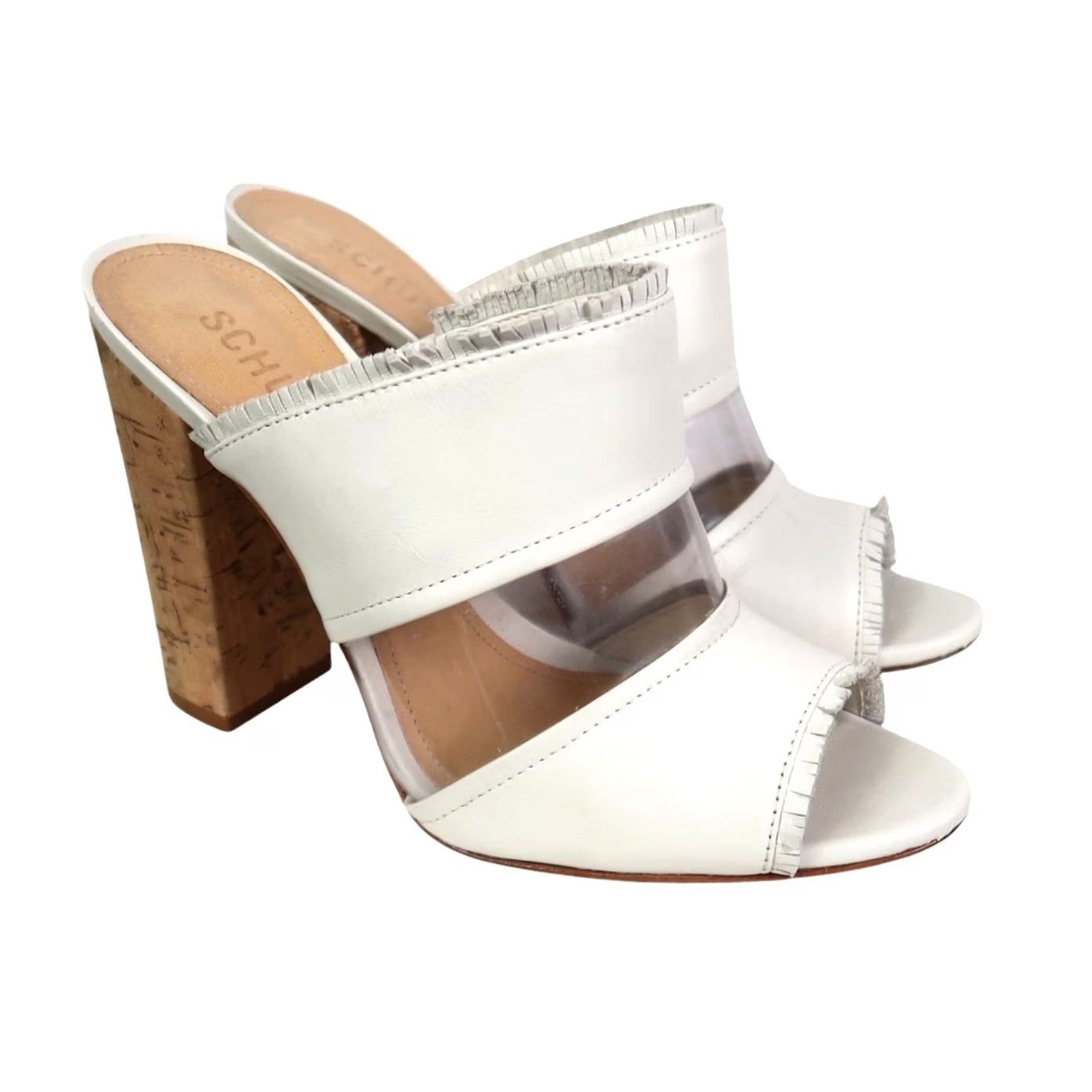 SCHUTZ Schutz White Leather Mule Slip-On Heels Sandals Peep Toe Cork 7.5 Womens Size US 8 / IT 38 - 2 Thumbnail