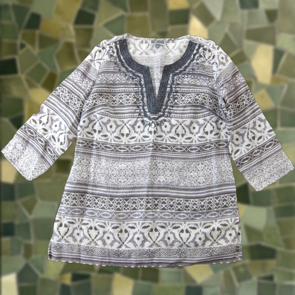 JM Collection JM Collection 100% Linen Grey White Floral Silver 3/4 Sleeve Tunic Blouse Medium Size M / US 6-8 / IT 42-44 - 1 Thumbnail