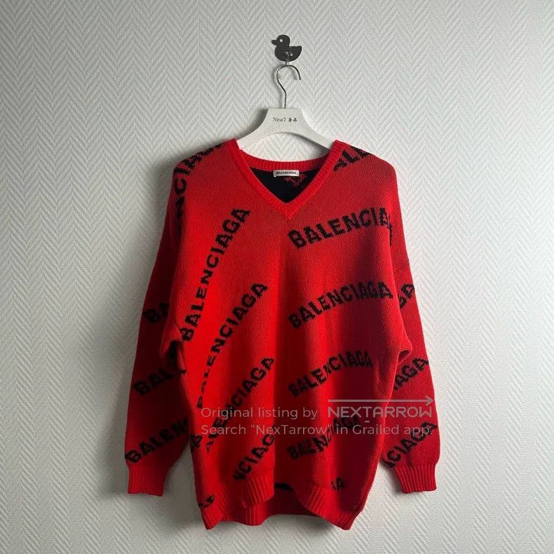 Balenciaga Balenciaga Fully Printed Logo Knitted Sweater Red Size US S / EU 44-46 / 1 - 1 Thumbnail
