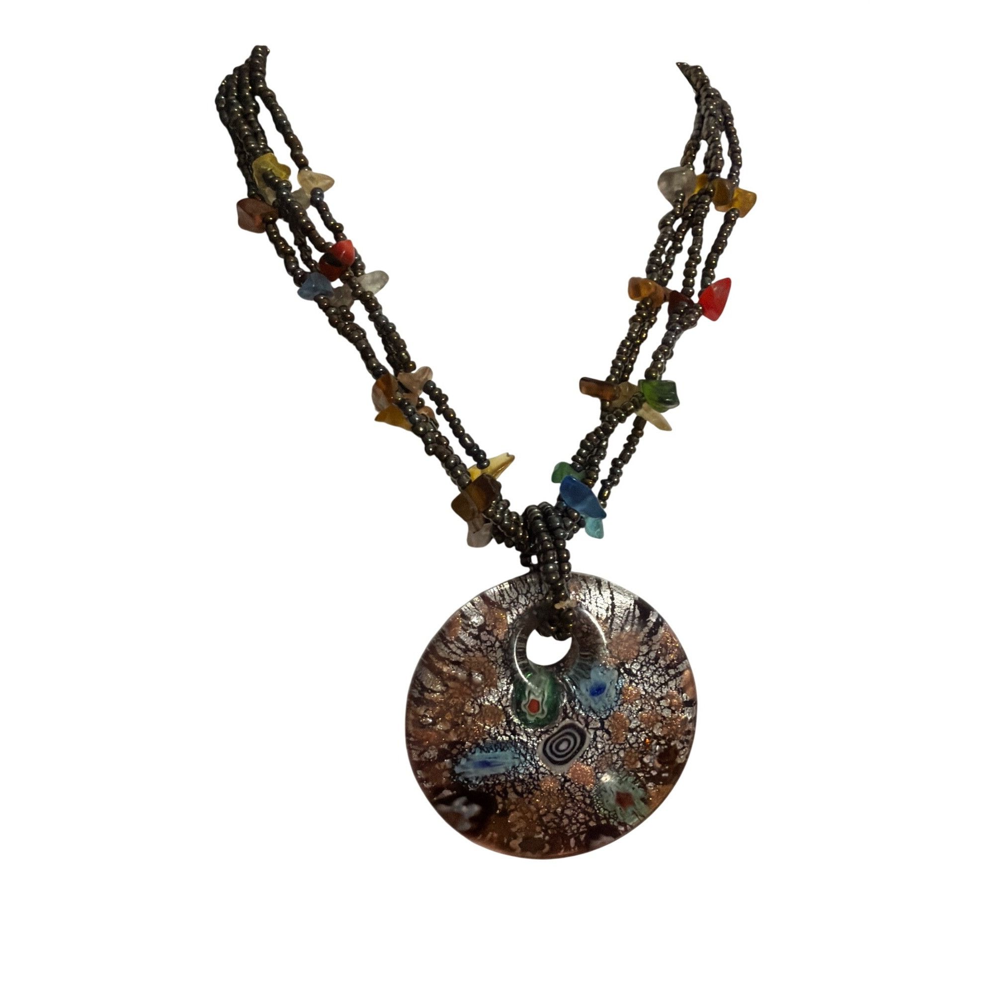 Other Multicolor Beaded Necklace Glass Stone Dichroic Round Pendan Size ONE SIZE - 1 Thumbnail