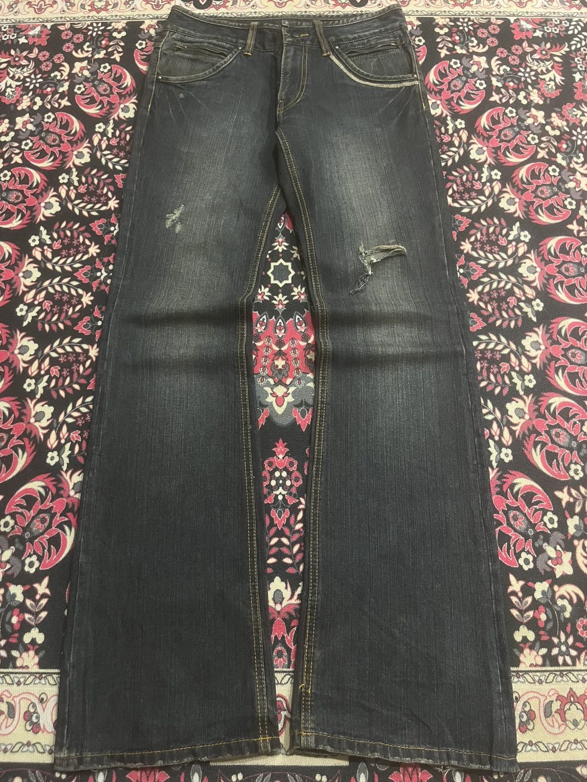 14th Addiction Japanese Custom Culture Dark Washed Distressed Flare Jeans Size US 30 / EU 46 - 1 Thumbnail