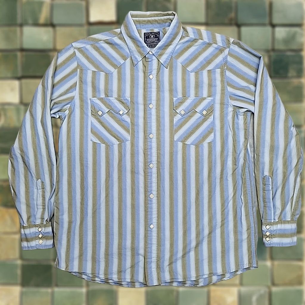 Lucky Brand Lucky Brand Shirt Mens XL Blue Green Striped Pearl Snap Long Sleeve Western Size US XL / EU 56 / 4 - 1 Thumbnail