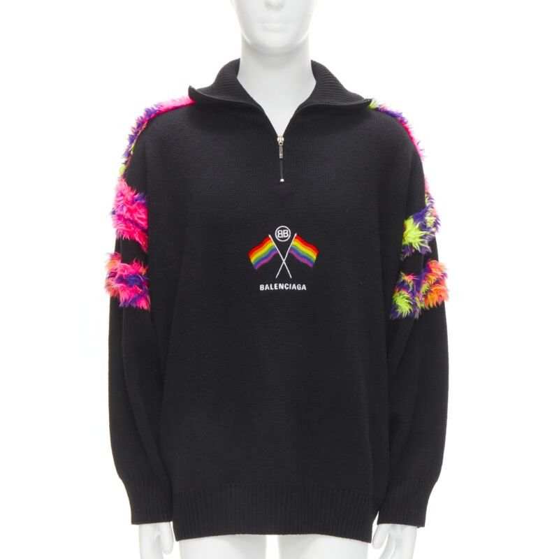 Balenciaga BALENCIAGA 2018 BB Pride Flag embroidery faux fur black wool turtleneck XS Size US XS / EU 42 / 0 - 1 Thumbnail