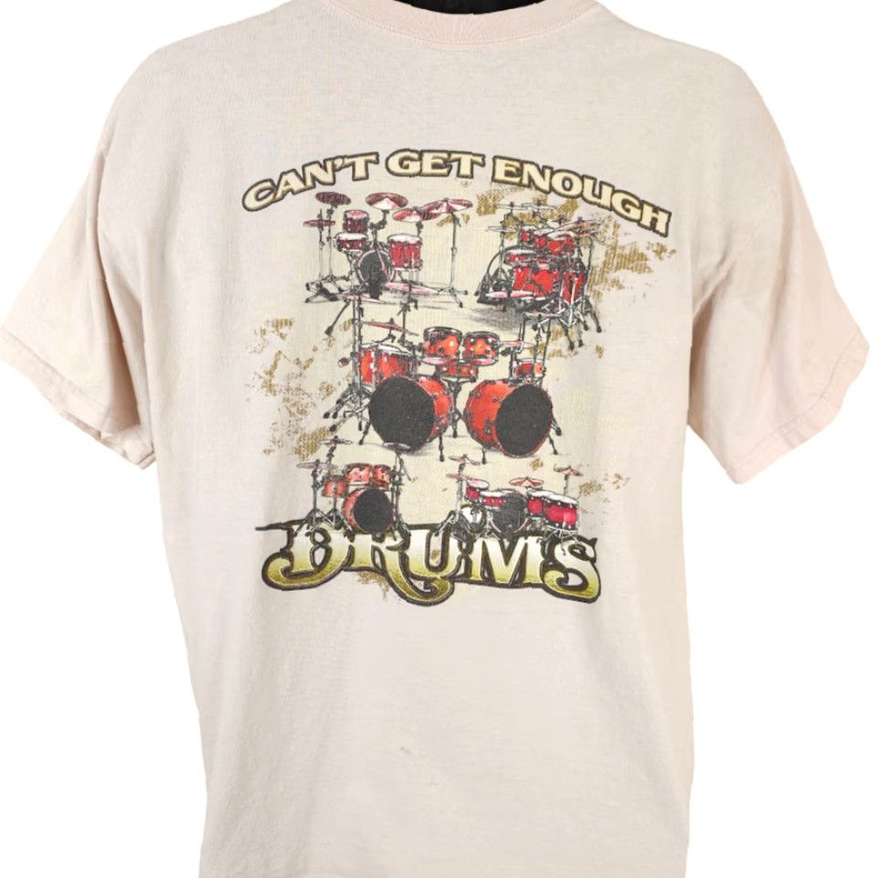 Gildan Drummer T Shirt Mens Size Large Cant Get Enough Drums Percussion Music Beige Cotton Gildan T-Shirt Men 2010s Rock Music Short Sleeve Crew Neck Size US L / EU 52-54 / 3 - 2 Thumbnail