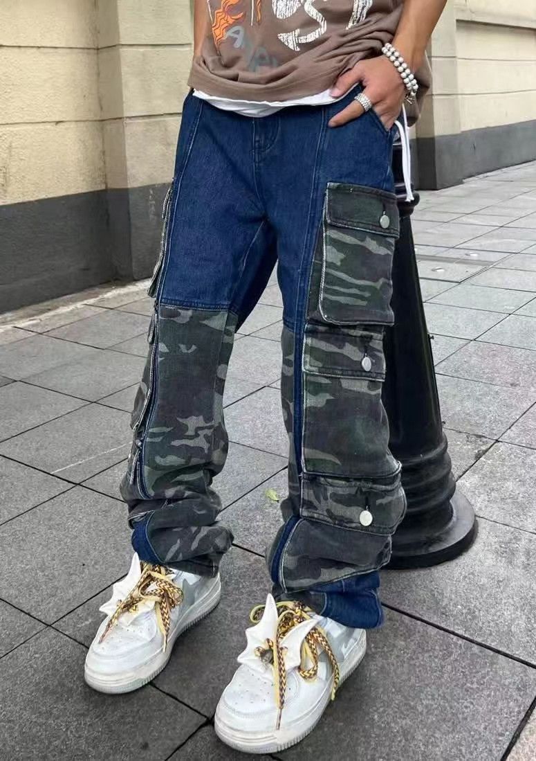 High street camouflage multi-pocket patchwork jeans