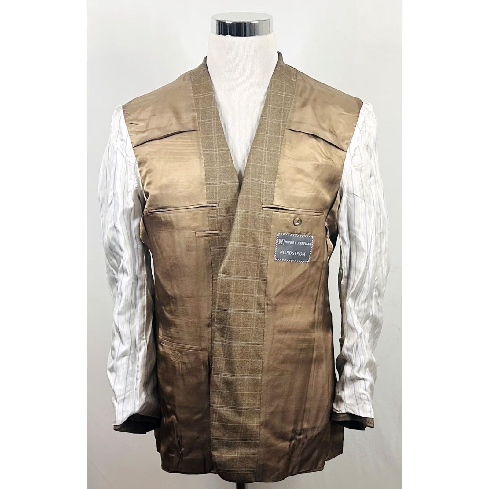 Vintage Hickey Freeman Sport Coat Beige Plaid Wool Silk Two-Button Double Vented 40R Mens Regular Jacket Size US XS / EU 42 / 0 - 7 Thumbnail