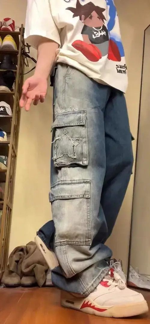 Japanese Brand High street drawstring multi-pocket gradient work jeans Size US 32 / EU 48 - 5 Thumbnail