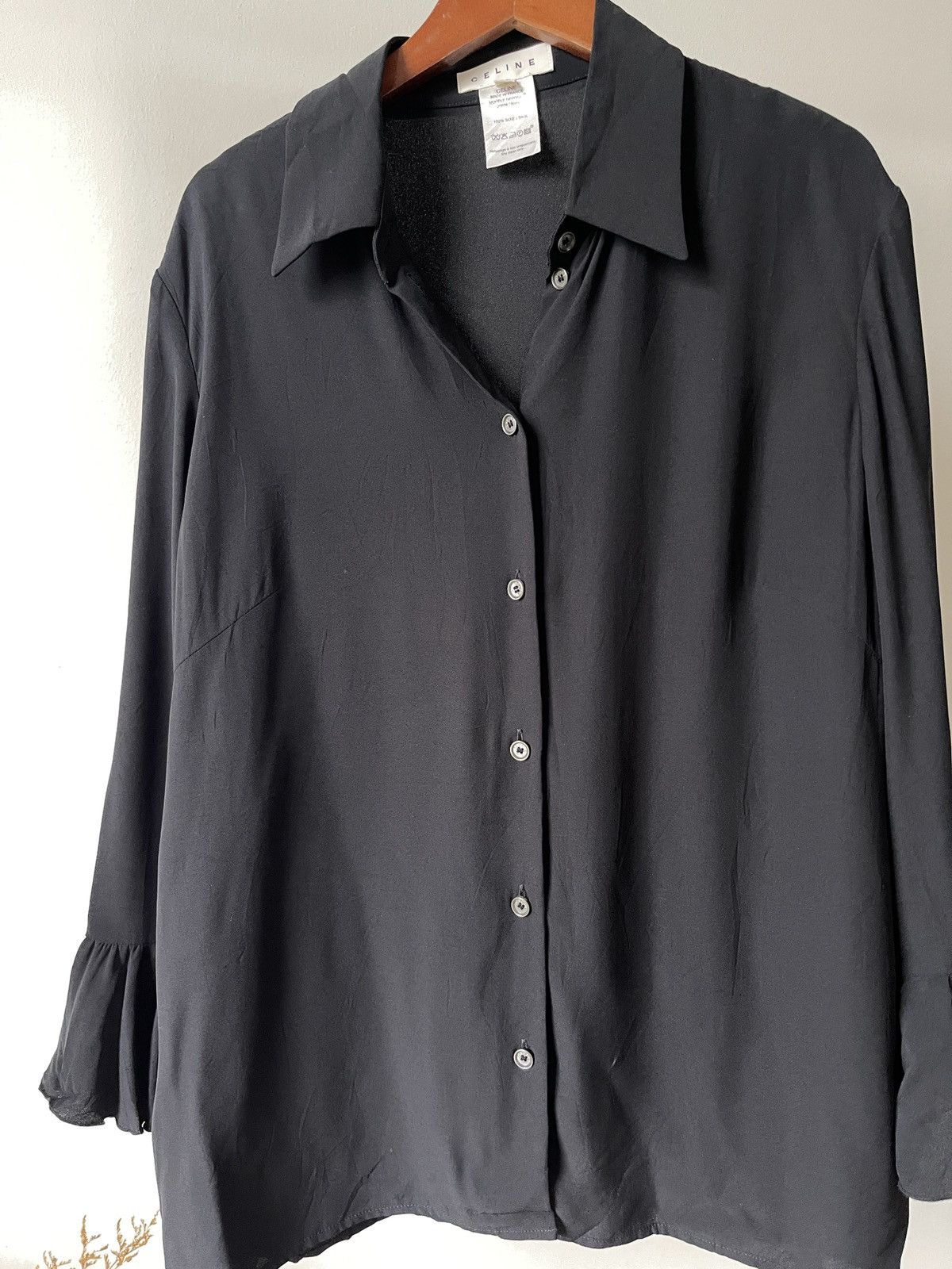 Celine Vintage Celine 100% Silk Ruffle Sleeve Blouse Shirt Black Size M / US 6-8 / IT 42-44 - 2 Thumbnail