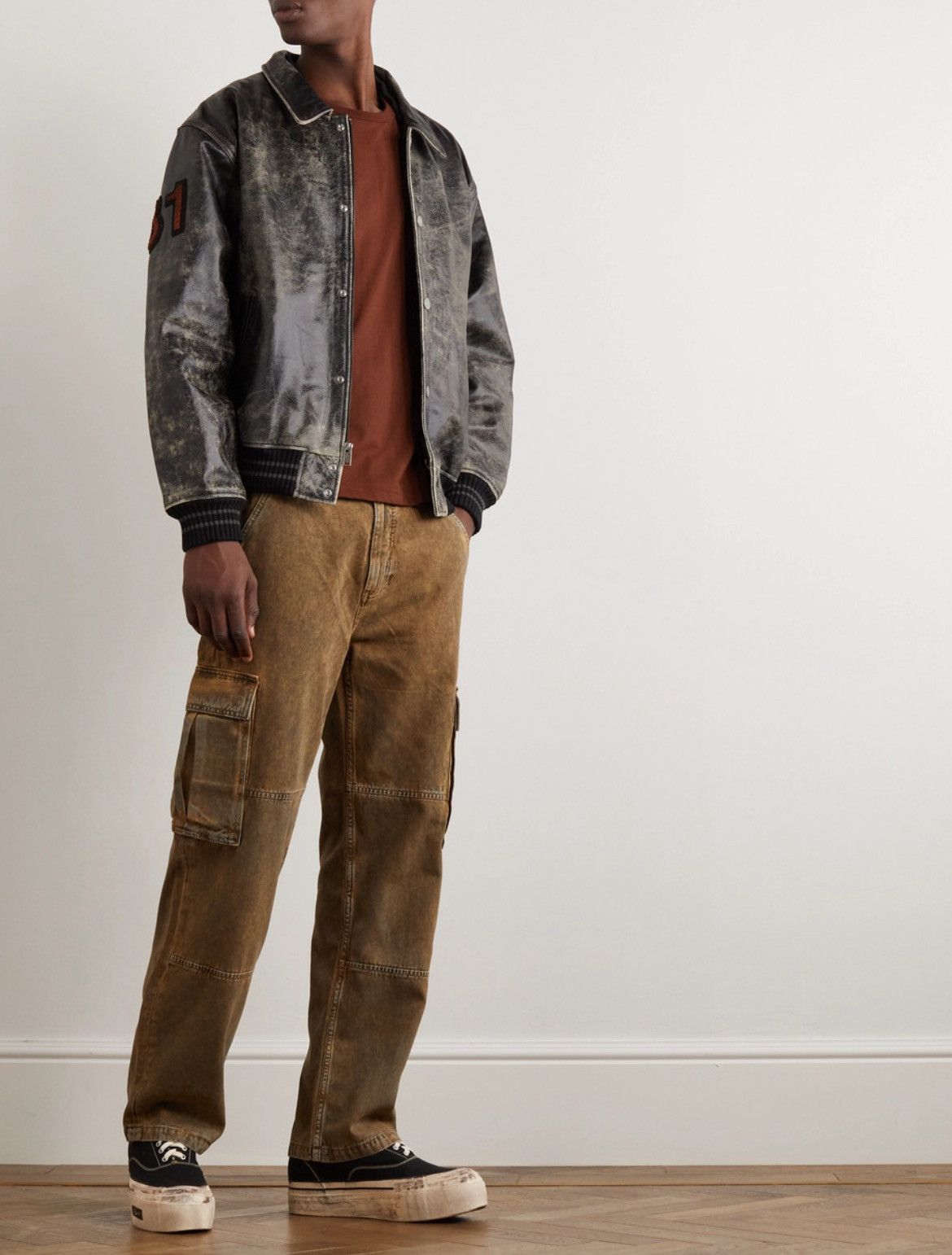 Appliquéd Distressed Leather Varsity Jacket