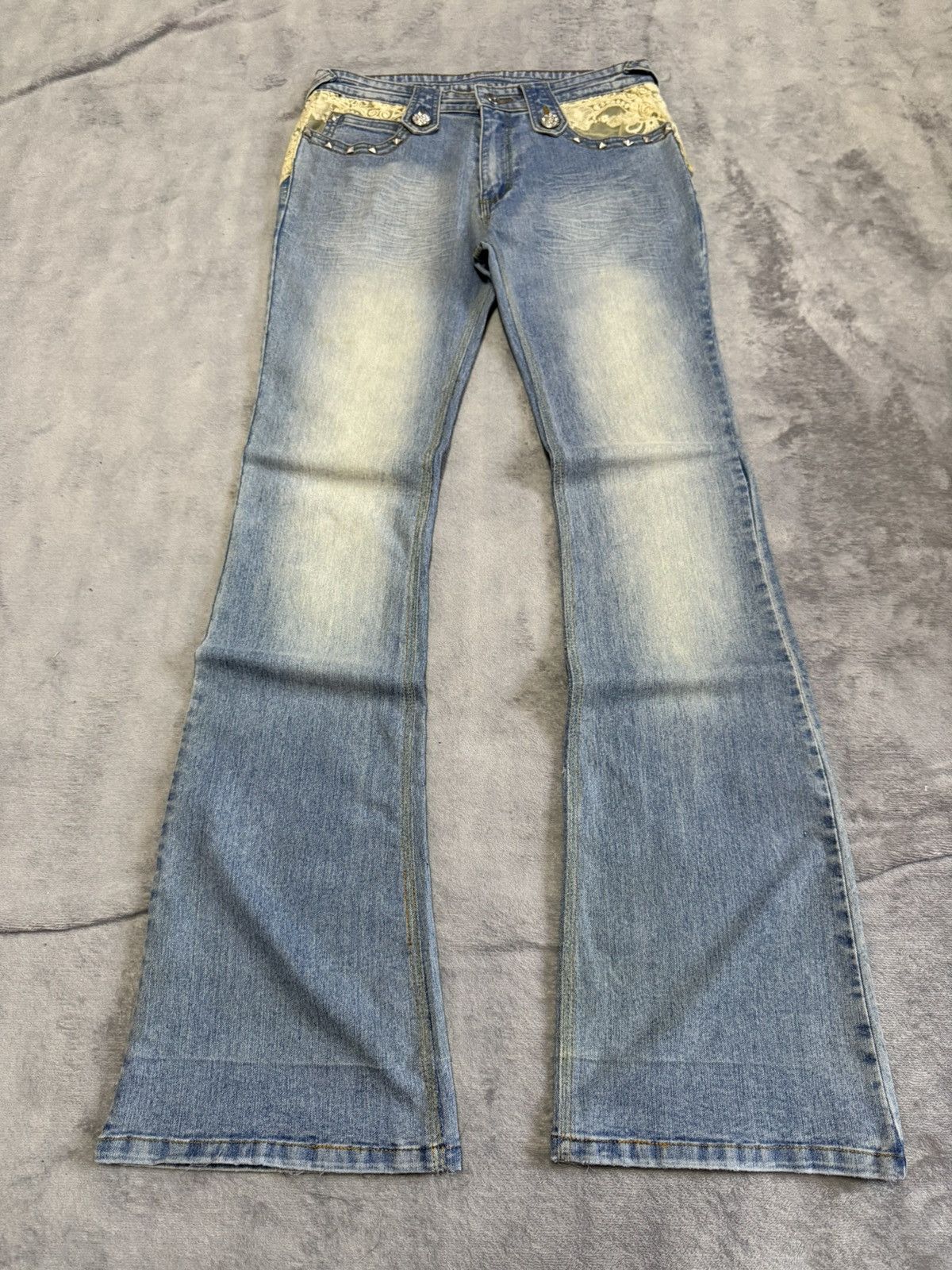 Japanese Brand × Vintage Embellished Butterfly Studded Rhinestone Flared Jeans Size 29" - 2 Thumbnail