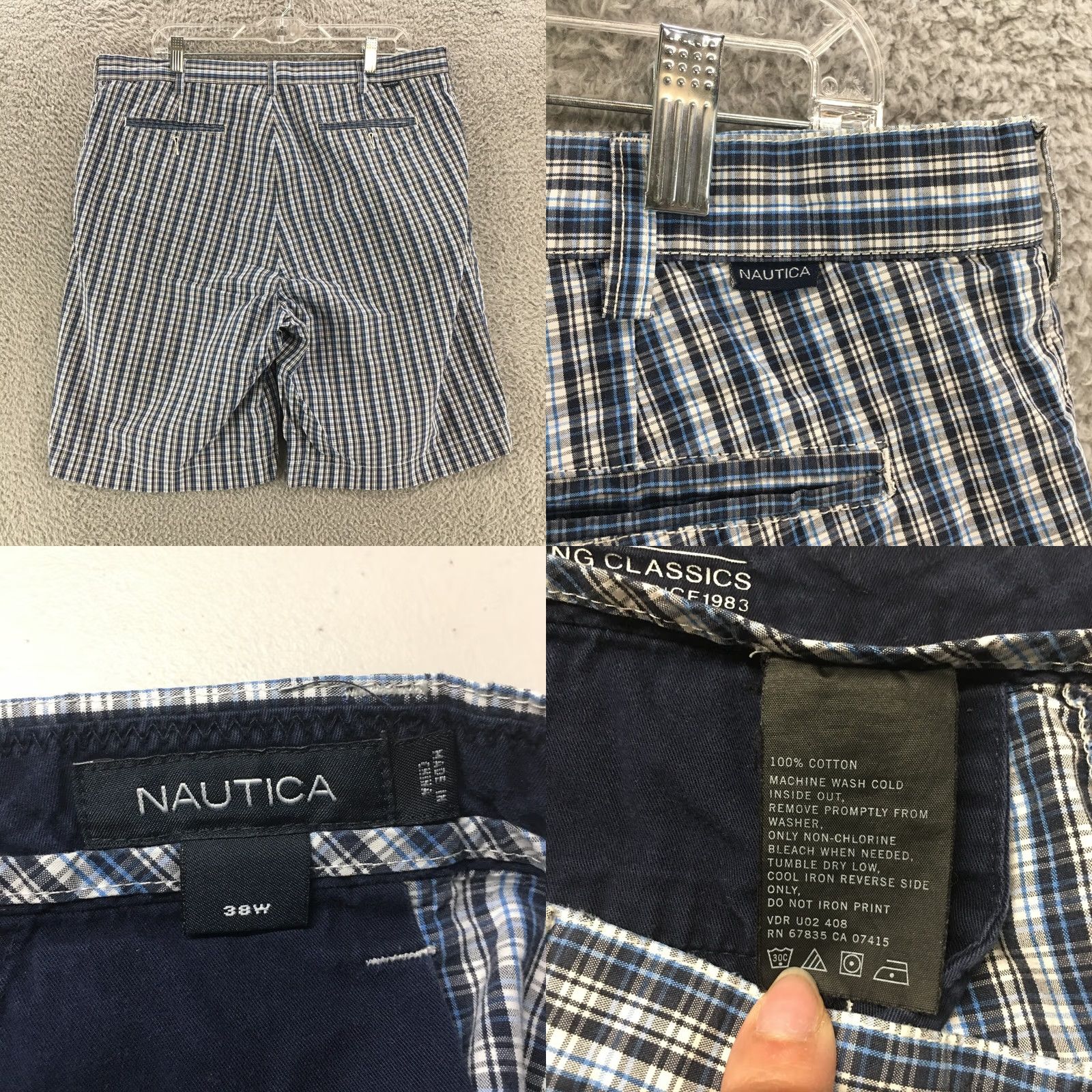 Nautica Nautica Chino Shorts Mens 38W Blue Cotton Plaid High Rise Zip Fly Flat Front Size US 38 / EU 54 - 8 Thumbnail