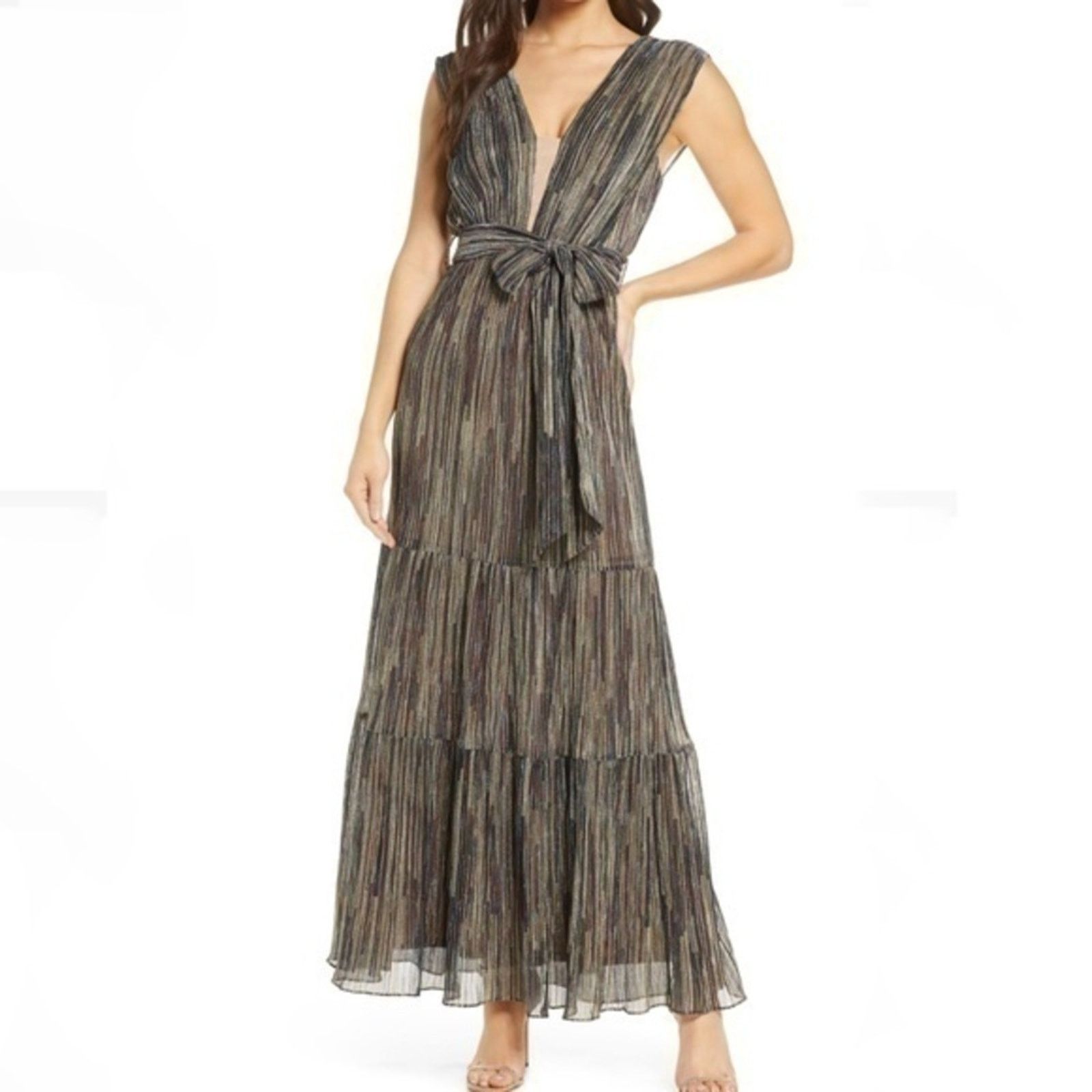 Designer Harlyn - Plunge V-Neck Tie Waist Pleated Gown Size M / US 6-8 / IT 42-44 - 1 Thumbnail