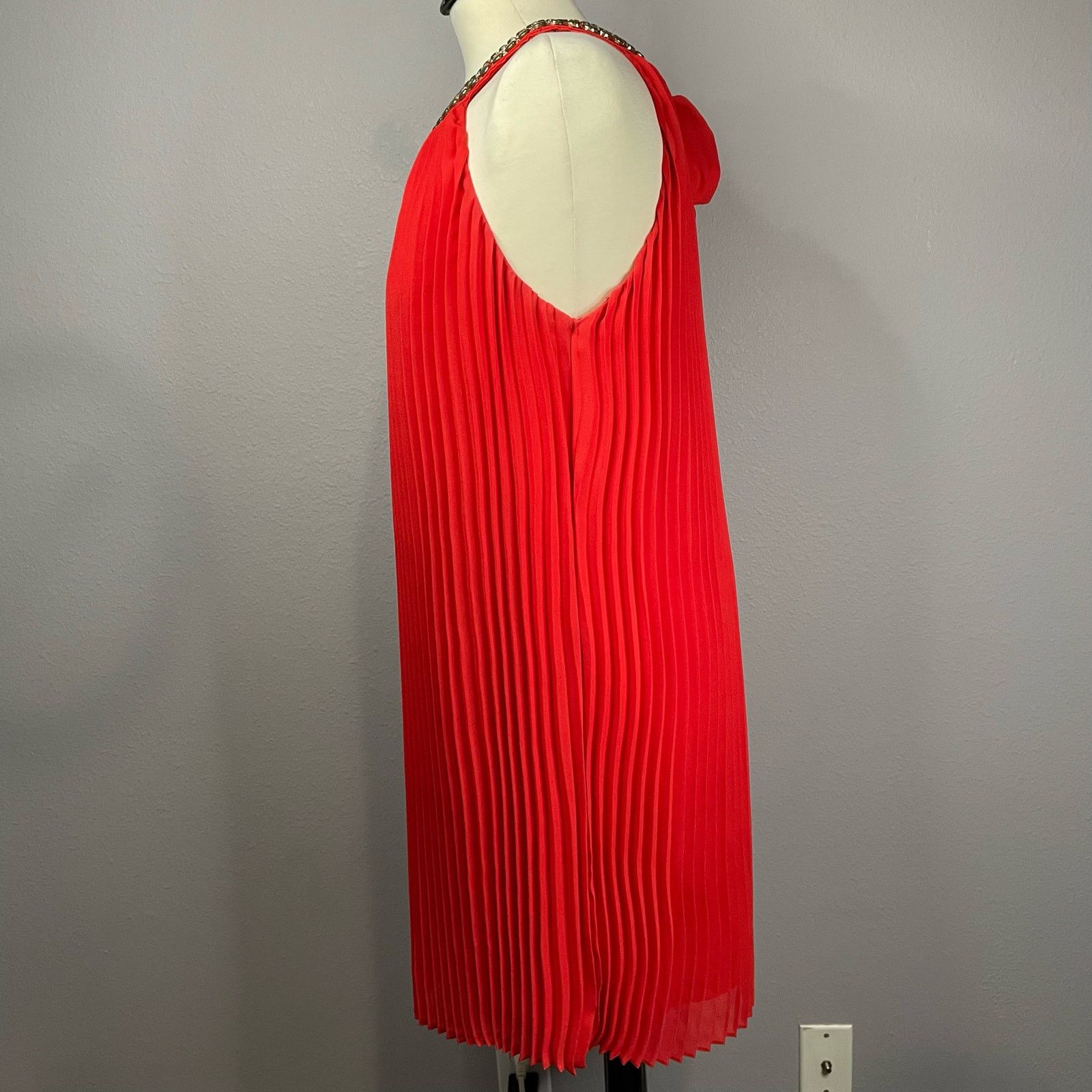 Badgley Mischka Belle Badgley Mischka Dress 10 Red Orange Pleated Halter Size L / US 10 / IT 46 - 4 Thumbnail