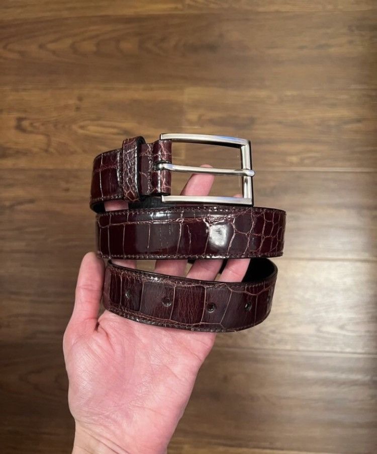 image of Prada Leather Crocodiles Effect Belt in Brown, Men's