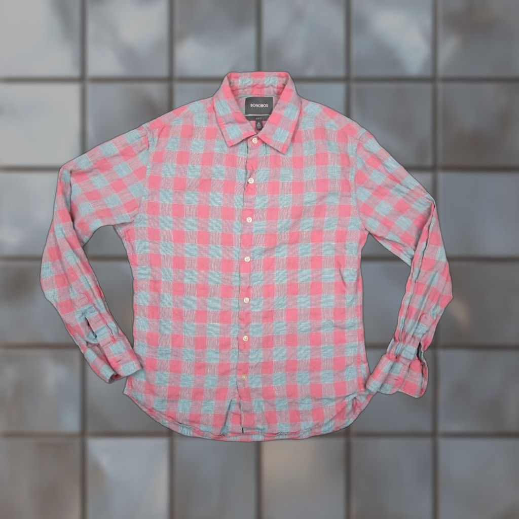 Bonobos VINTAGE Bonobos Shirt Men’s Medium Short Sleeve Pink Check Slim Fit Button Up Linen Blend Casual Size US M / EU 48-50 / 2 - 1 Thumbnail
