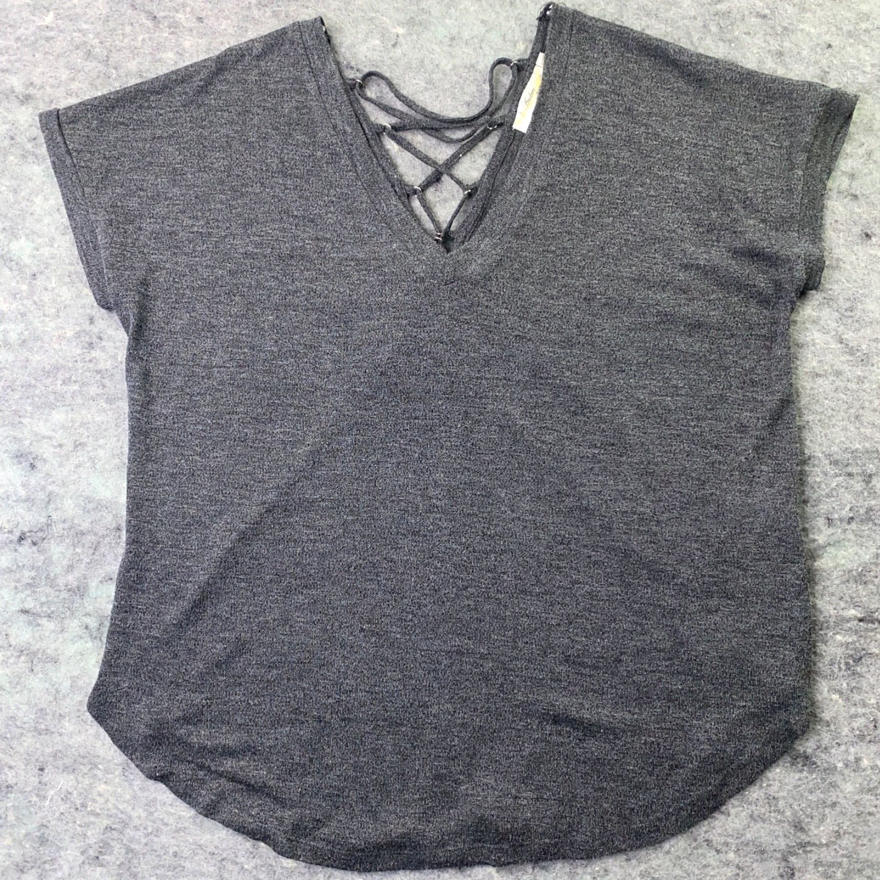 Vintage Andree By Unit Womens Shirt Top L Gray V-Neck Lace-Up Back Cap Sleeve - (No added text) Size L / US 10 / IT 46 - 3 Thumbnail