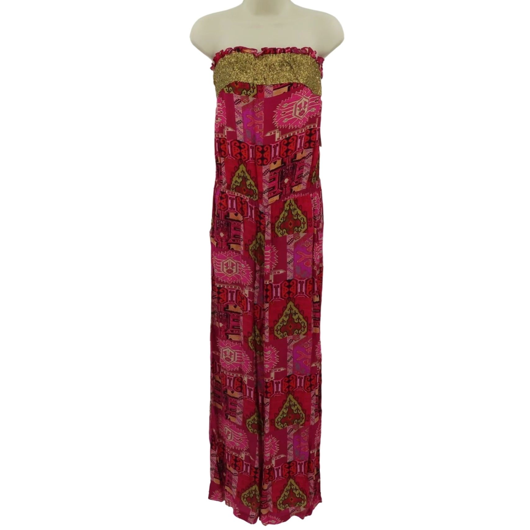 Vintage Benares Jumpsuit Women Medium Silk Gold Sequin Pink Ikat Strapless Pockets NEW Size 32" / US 10 / IT 46 - 2 Thumbnail