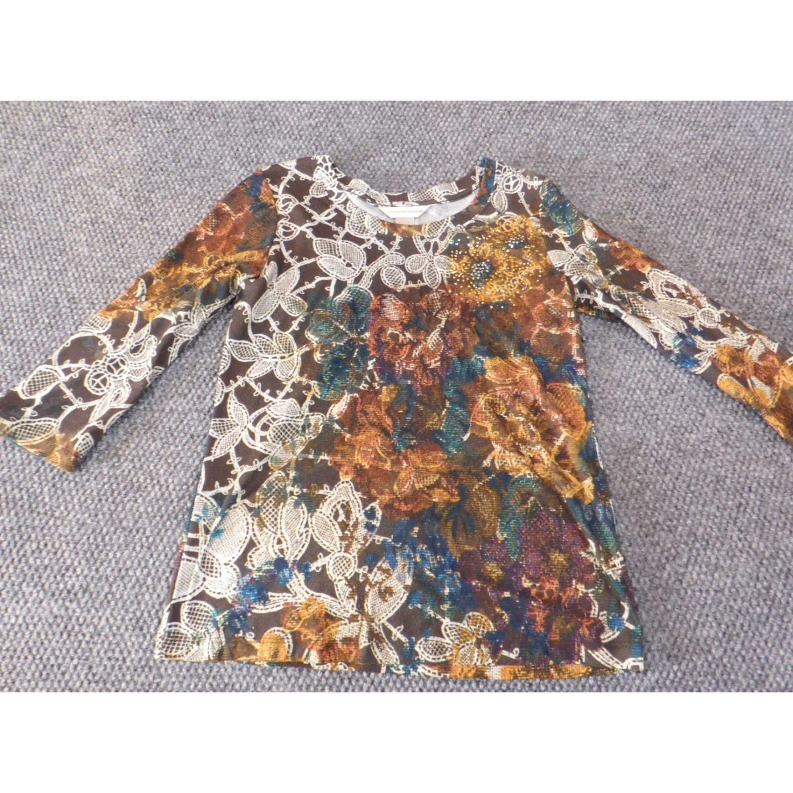 Vintage CJ Top Womens Blouse Small Brown Floral Stretch Long Sleeve Round Neck Casual Shirt Size S / US 4 / IT 40 - 2 Thumbnail