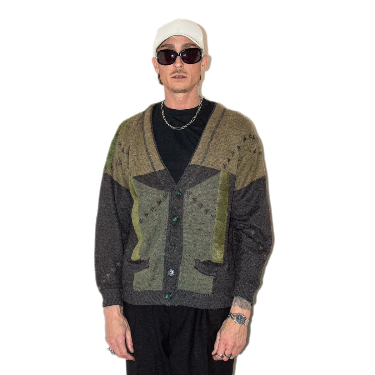 Designer × Vintage 90s Vintage faded Green geometric Button up Cardigan fleece Size US M / EU 48-50 / 2 - 1 Thumbnail