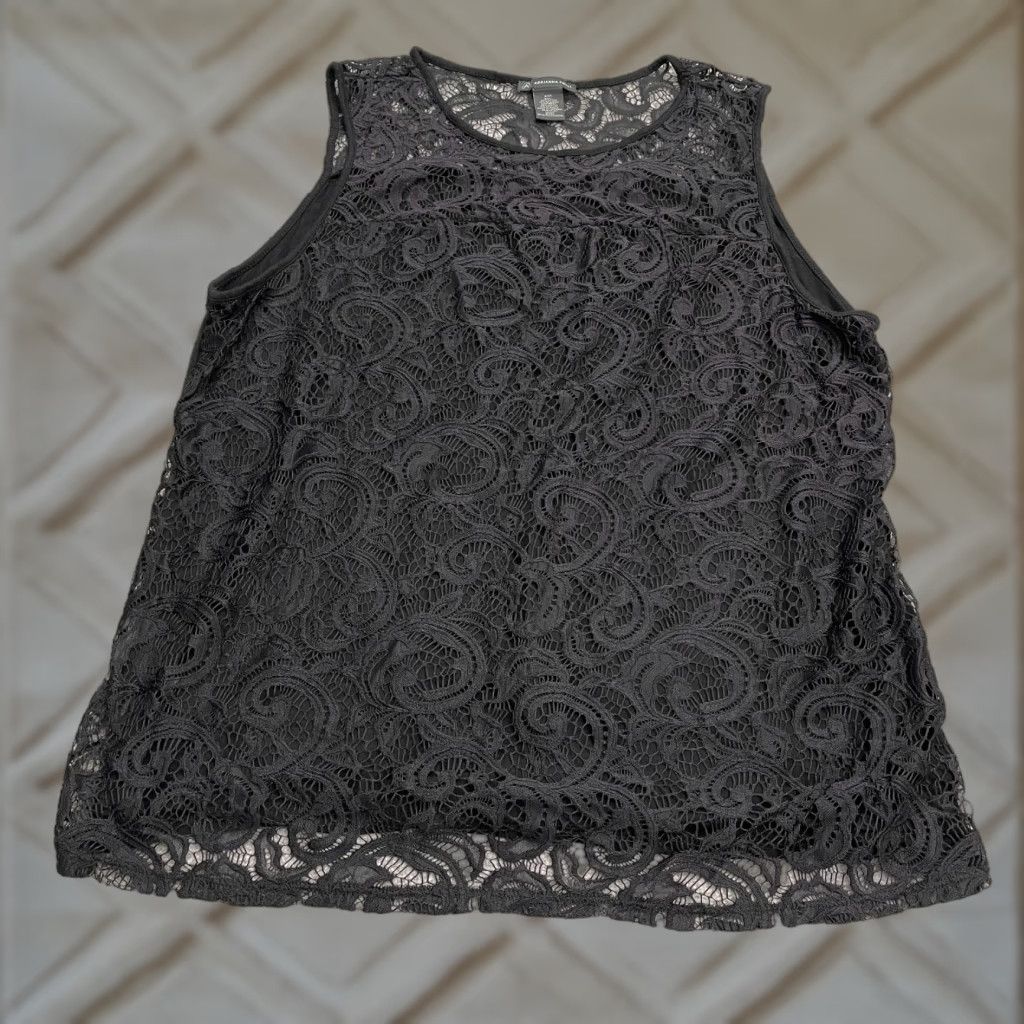 Adrianna Papell Adrianna Papell Lace Tank Top Womens 2XL Black Sleeveless Round Neck Casual Shirt Sleeveless Womens Black Lace Tank Top Size XXL / US 16-18 / IT 52-54 - 1 Thumbnail