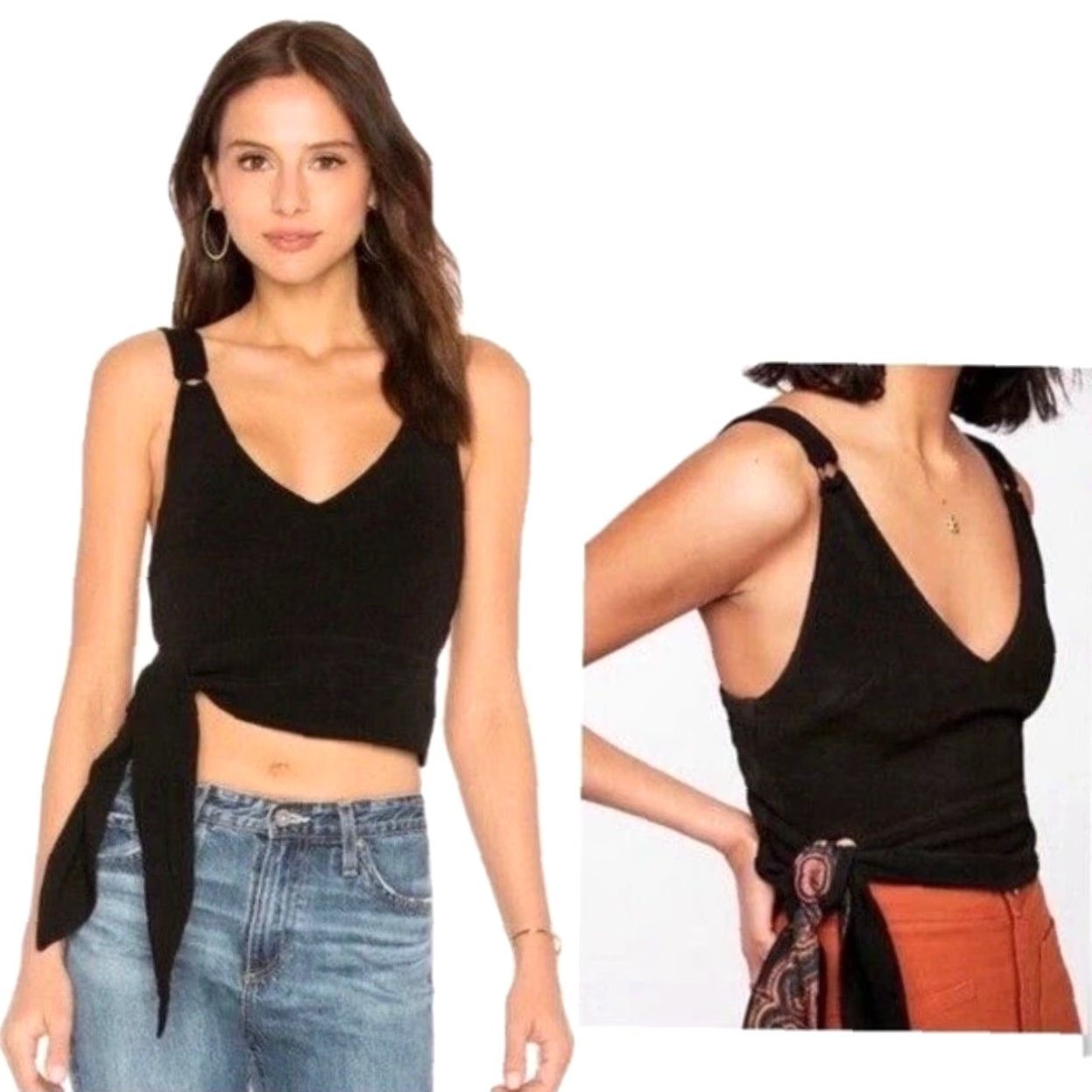 Free People Free People Blouse Black V-Neck Crop Side Paisley Bow Tie Stretch Medium Women’s Shirt Sleeveless Halter N/A Size M / US 6-8 / IT 42-44 - 2 Thumbnail