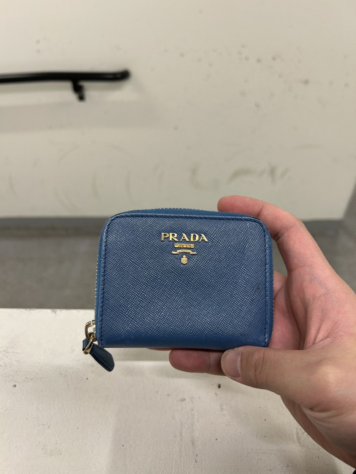 image of Italian Designers Crazy Prada Saffiano Leather Coin Purse in Blue, Women's