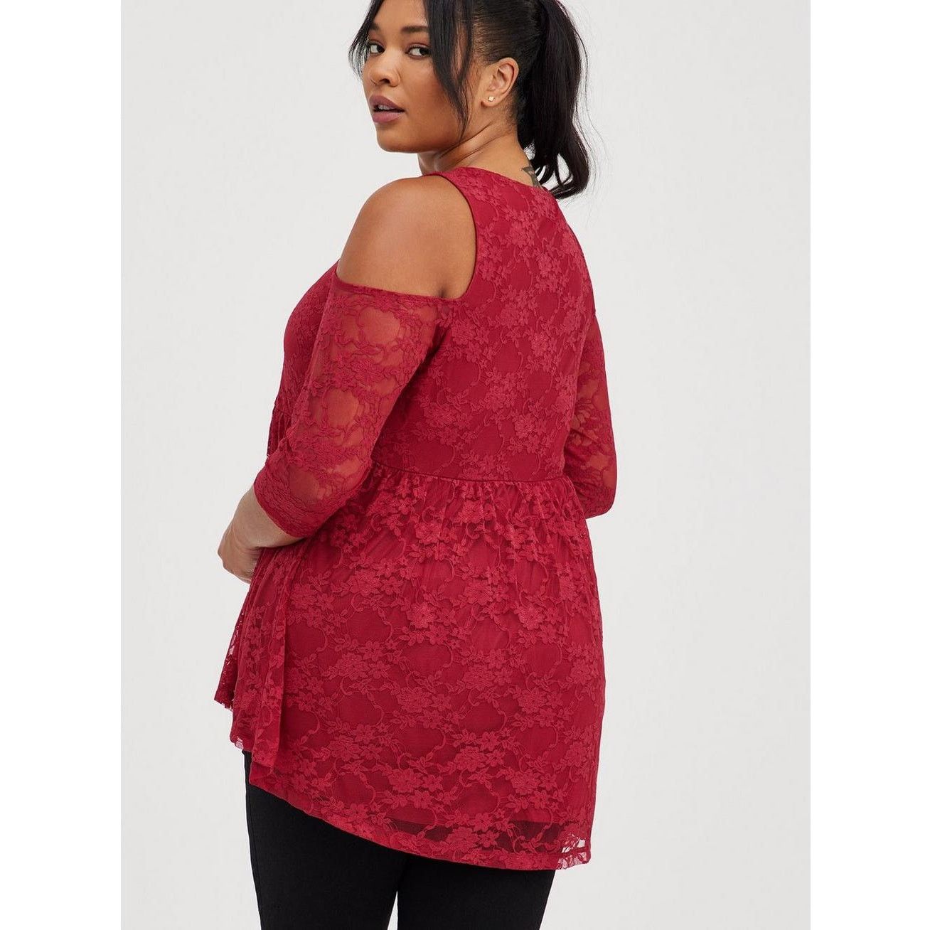 Other Torrid Lace Cold Shoulder Top Red Illusion Neck Sleeves 2X Size XXL / US 16-18 / IT 52-54 - 8 Thumbnail
