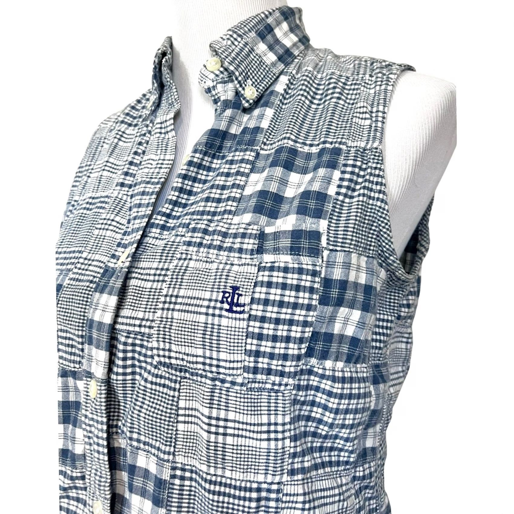 Ralph Lauren VINTAGE Lauren Ralph Lauren Plaid Patchwork Top Button Up Sleeveless Blue Sz 10P Petite Ladies Womens Polo Shirt Top Size L / US 10 / IT 46 - 4 Thumbnail