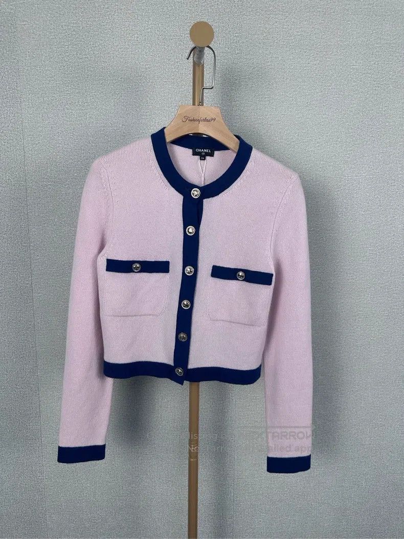 Chanel Pink and blue double knitted cardigan coat