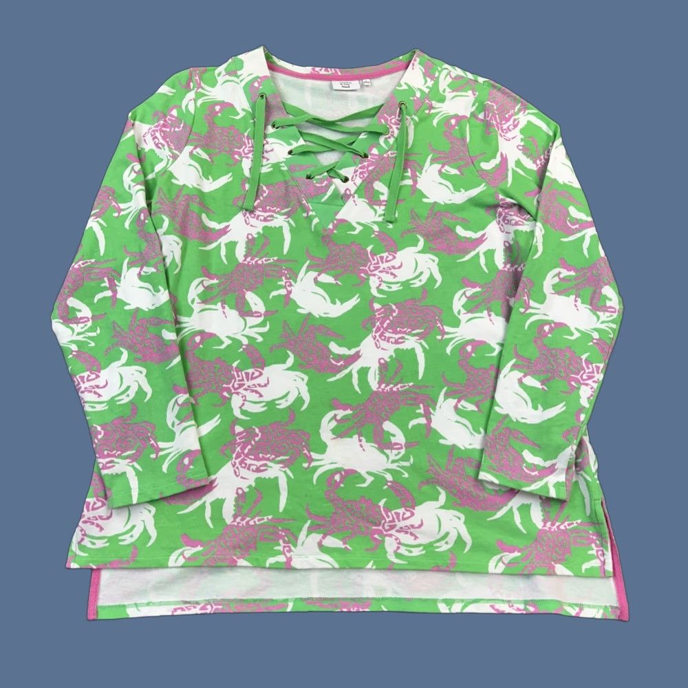 Vintage Crown & Ivy Beach Shirt Women's Large Green Pink Crab Print Long Sleeve Coastal Shirt Size L / US 10 / IT 46 - 1 Thumbnail