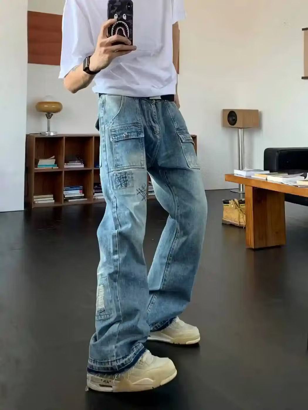 image of Vintage Y2K Hiphop Baggy Flared Cargo Pants in Blue Fade, Men's (Size 32)