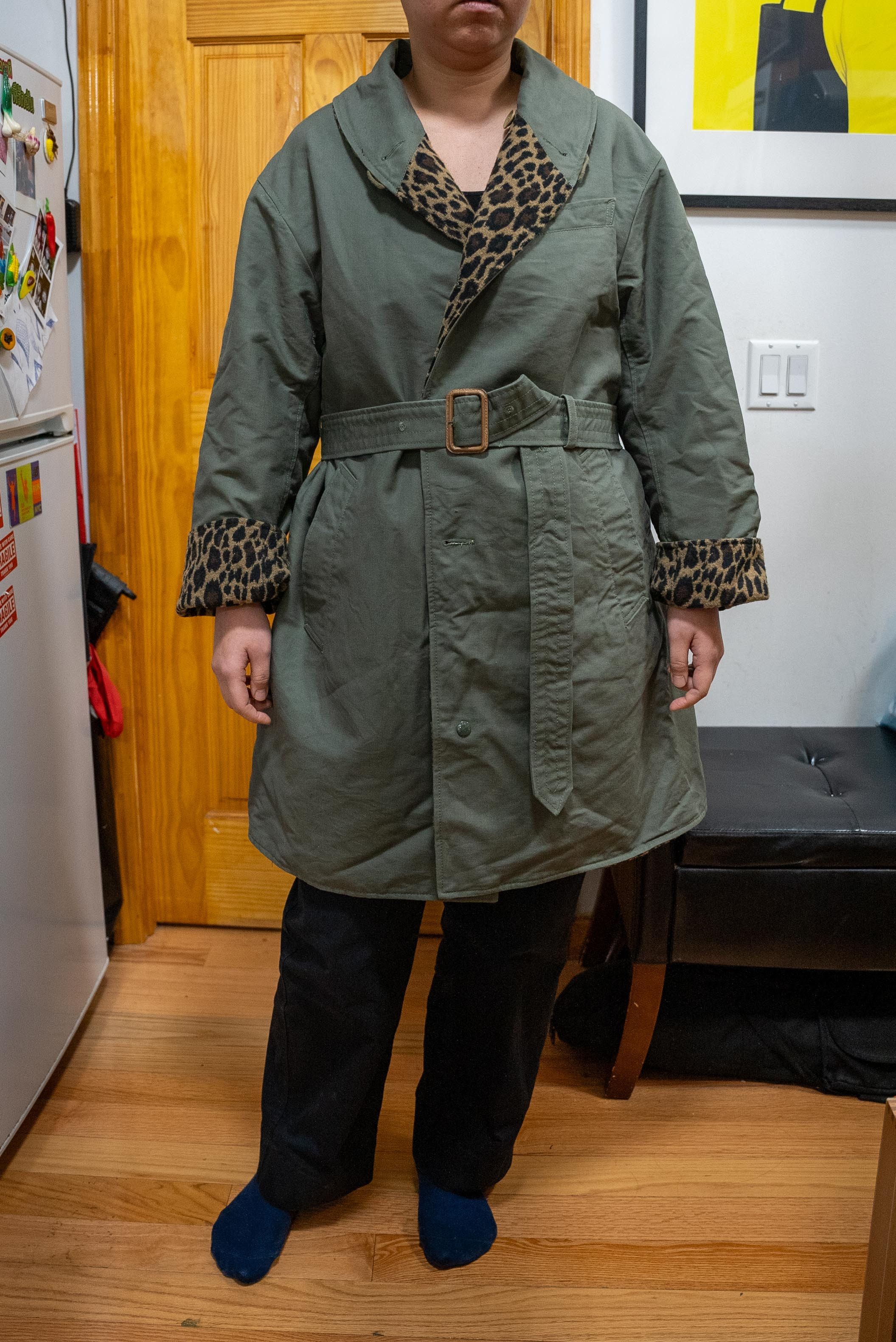 image of Engineered Garments Shawl Collar Reversible Coat in Olive/Leopard, Men's (Size Small)