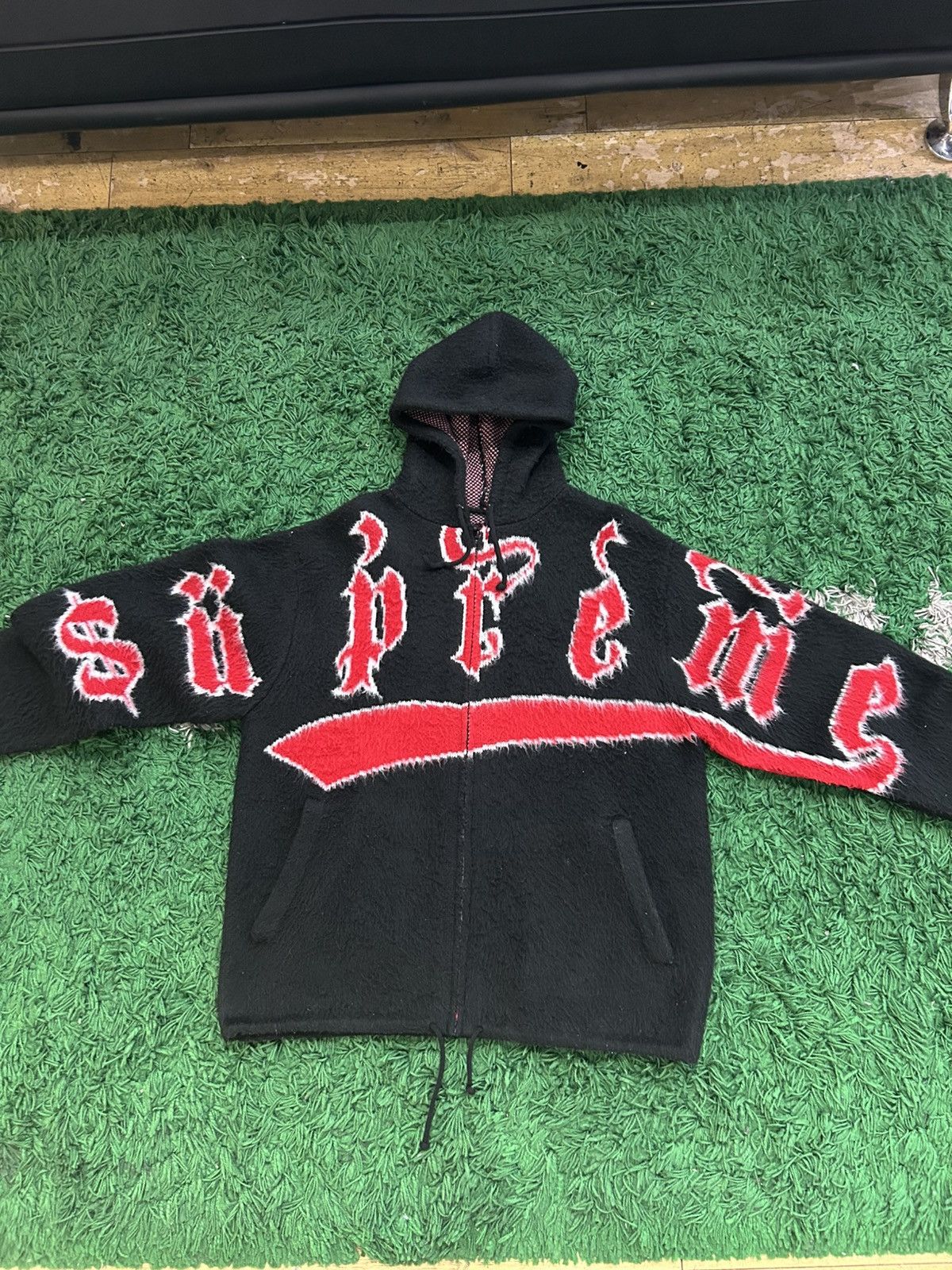 Supreme Accent Brushed Zip Up Hooded Jacket Red Supreme Black Zip