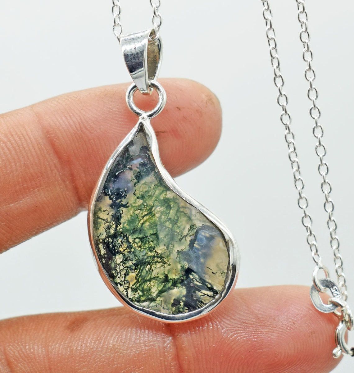 Handmade Moss Agate 925 Sterling Silver Necklace - 18 Inch Chain Size ONE SIZE - 4 Thumbnail