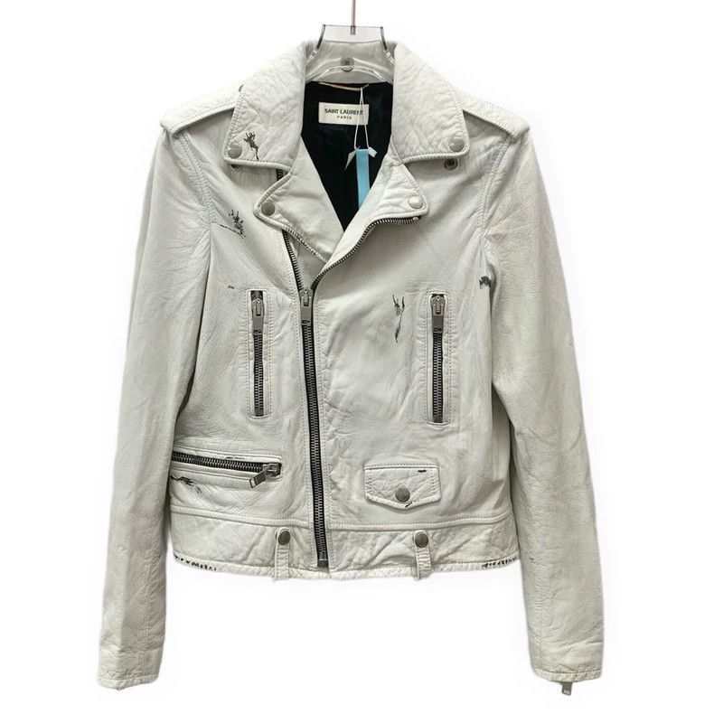 Saint Laurent White Leather Collar Zip Jacket