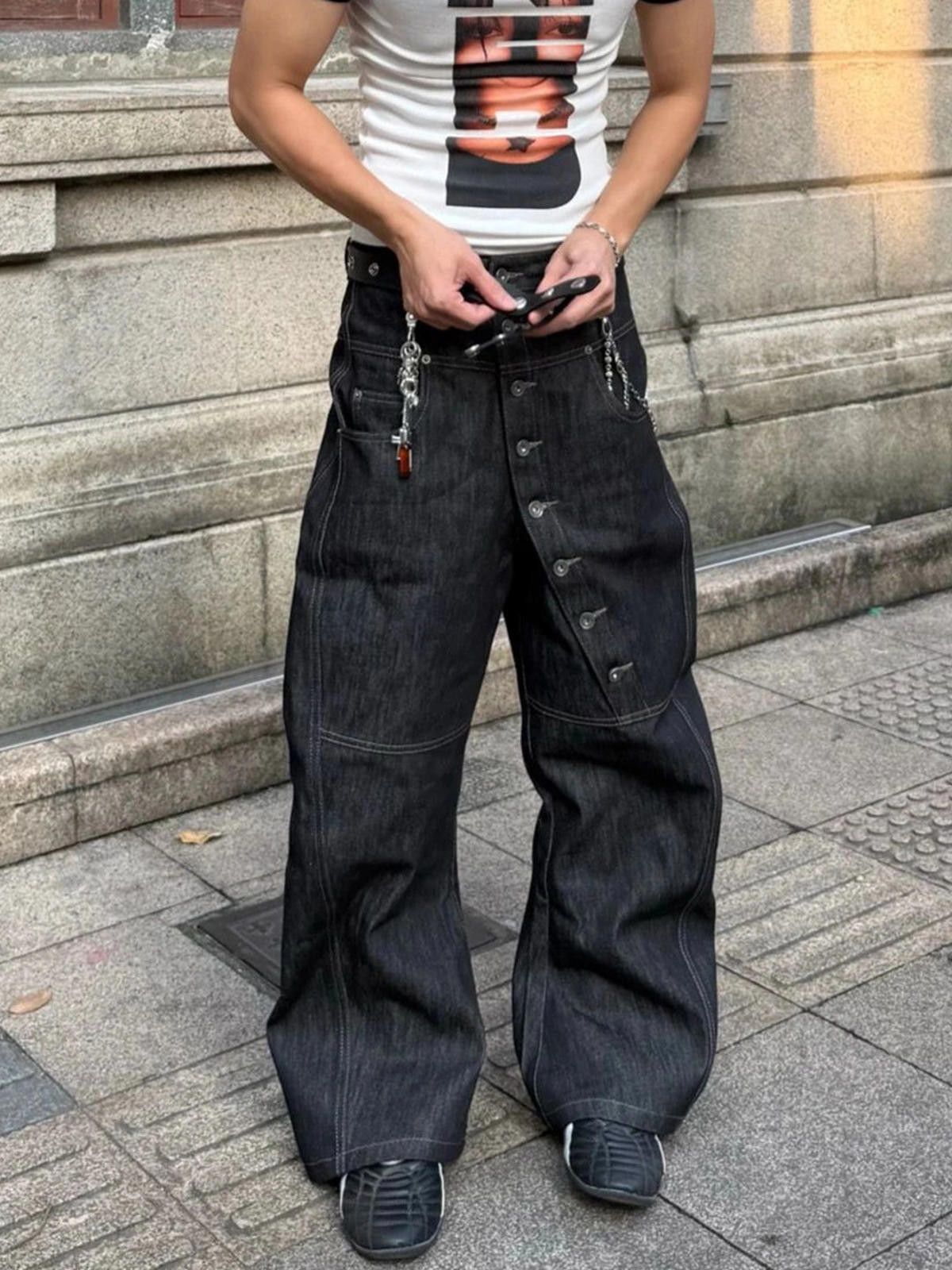 Japanese Style Wide Leg Raw Denim Jeans with Button Detail