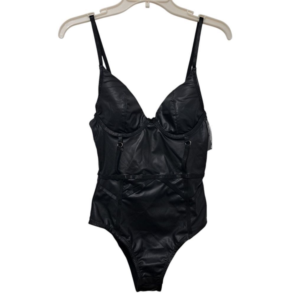Other Spirit Bodysuit Pleather Sexy Sheer Lace Cup Small Black NWT Size S / US 4 / IT 40 - 3 Thumbnail