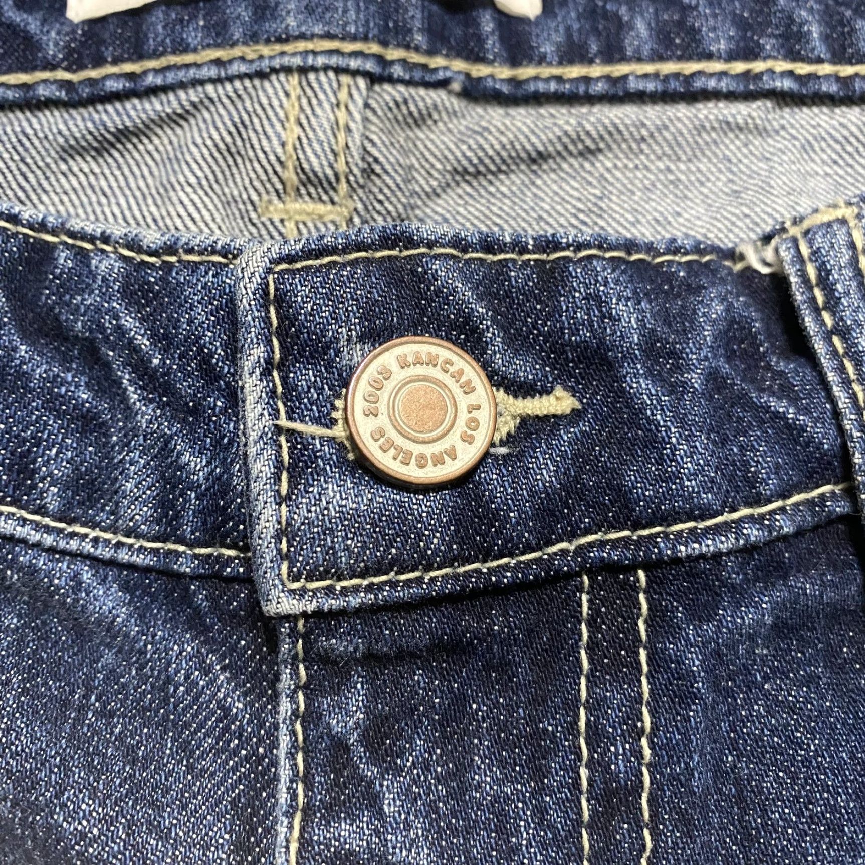 Vintage KanCan Jeans Womens Jeans Distressed Straight Mid Rise Dark Wash Blue Denim 5 Juniors Regular 29in Inseam 28in Button Zip Pockets Logo Fringe Size 27" / US 4 / IT 40 - 4 Thumbnail