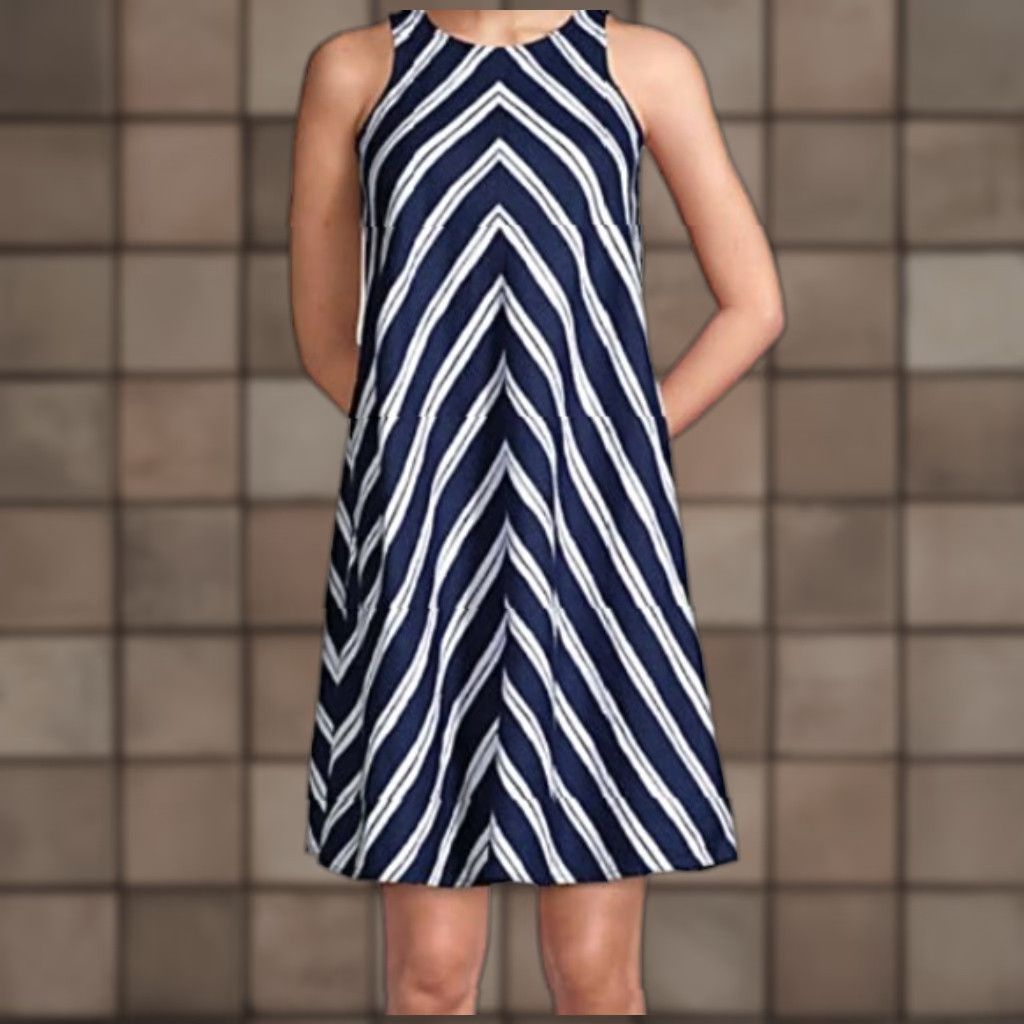lands end linen swing dress NWOT Lands End Womens 2X Navy & White Striped Linen Sleeveless Swing  Dress Mid