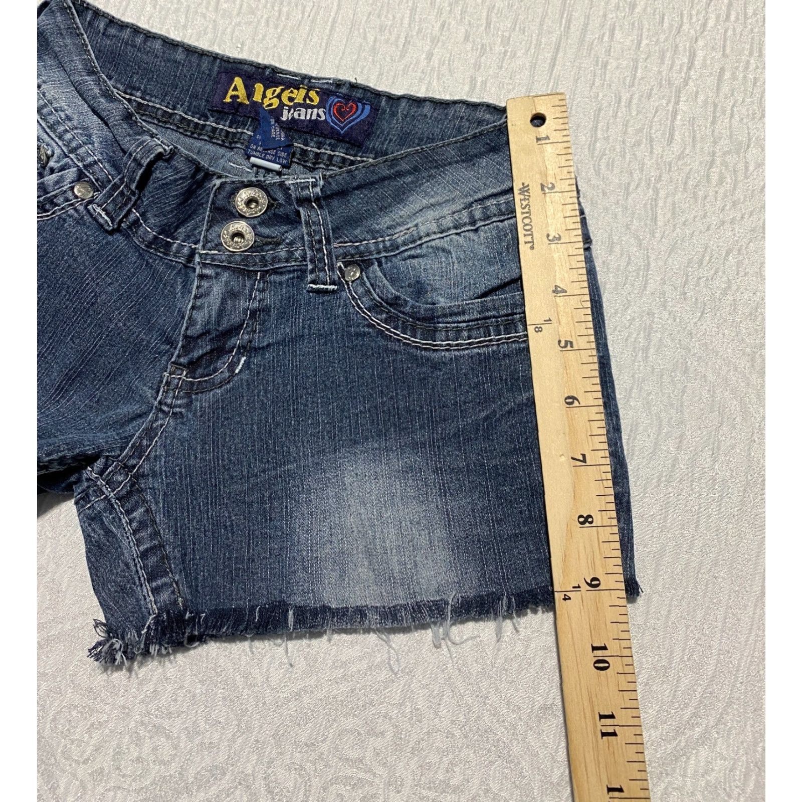 Vintage Angels Jeans Shorts Juniors Sz 1 Blue Cut Off Denim Jorts Stretch Raw Hem Pockets Casual Summer Beach Womens Girls Mens Size 42" / US 20 - 7 Thumbnail