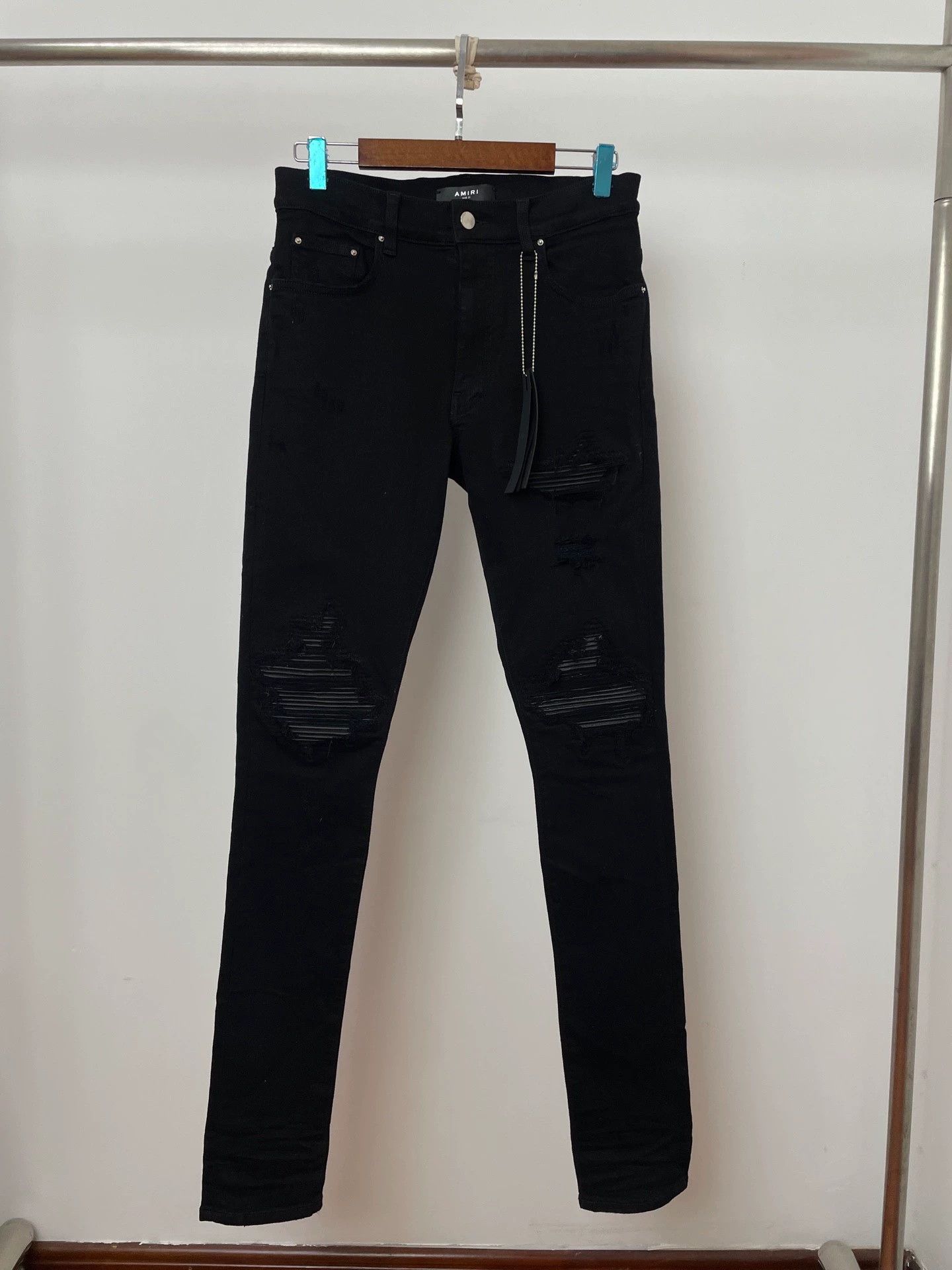 Amiri Amiri Men's Black Distressed Leather Panel Slim Fit Jeans Size US 31 - 1 Thumbnail