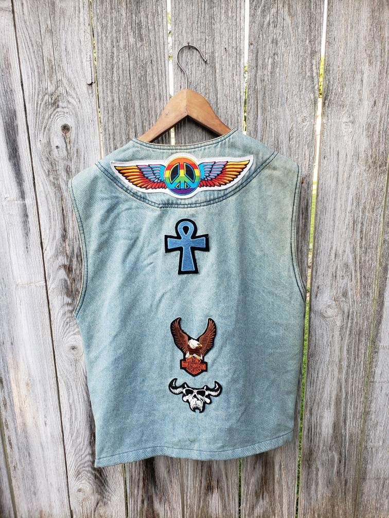 Designer RARE 90s Vintage JNCO Denim Vest Custom Patches 100% Cotton Size L / US 10 / IT 46 - 2 Thumbnail
