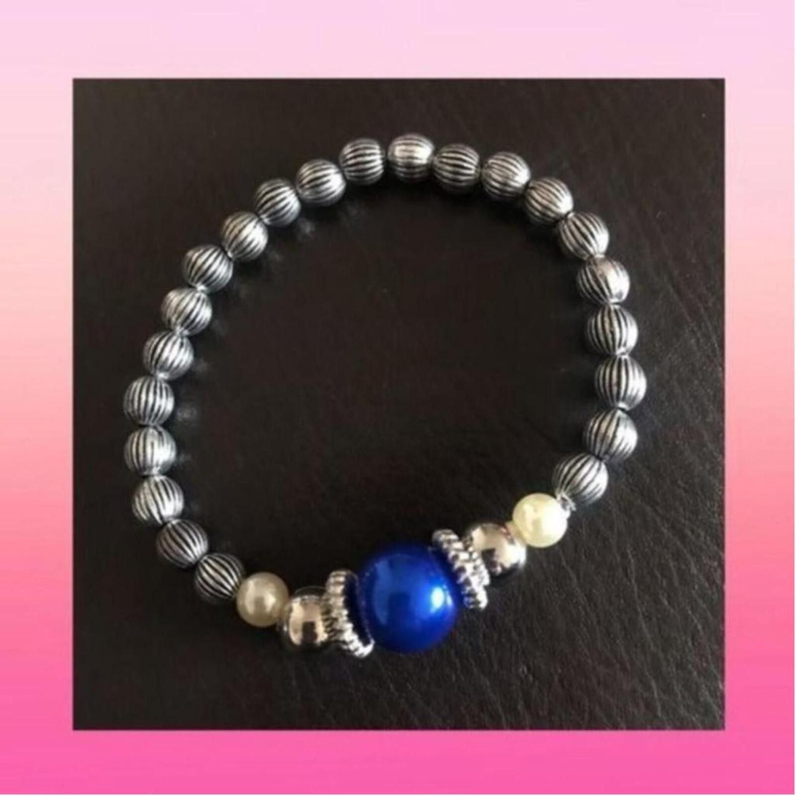 The Unbranded Brand Set of 3 Beaded Stretch Bracelets with Blue, Pink, and Pearl Size ONE SIZE - 4 Thumbnail