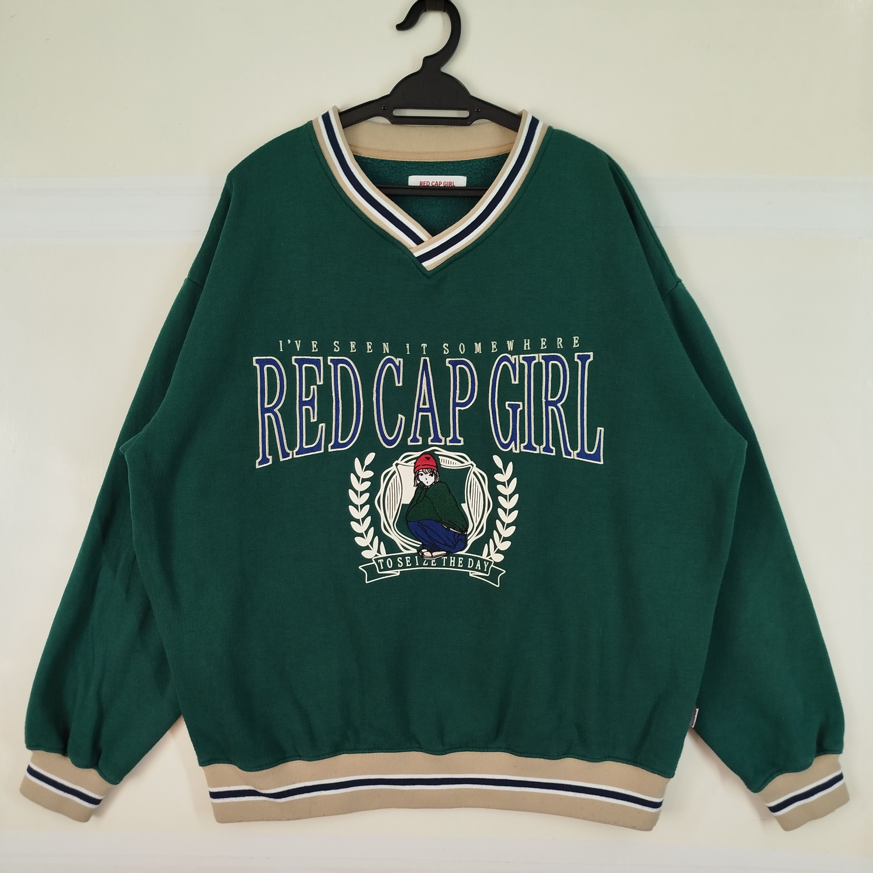Japanese Brand Red Cap Girl Embroidery Big Logo V Roundneck Vintage Style Size US XL / EU 56 / 4 - 1 Thumbnail