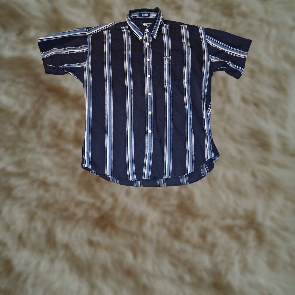 Ralph Lauren VINTAGE Chaps Ralph Lauren Button-Down Shirt Men Large Short Sleeve 90s Y2K Blue Striped Cotton Casual Embroidered Pocket Mens Size US L / EU 52-54 / 3 - 1 Thumbnail