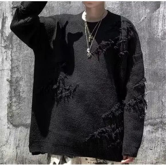 Black Distressed Pullover Loose Knit Sweater