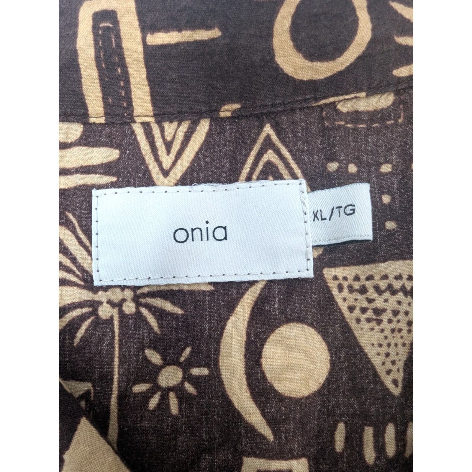 Onia Onia Hawaiian Camp Shirt Mens XL Cotton Modal Brown Tribal Geo Vacation Size US XL / EU 56 / 4 - 7 Thumbnail
