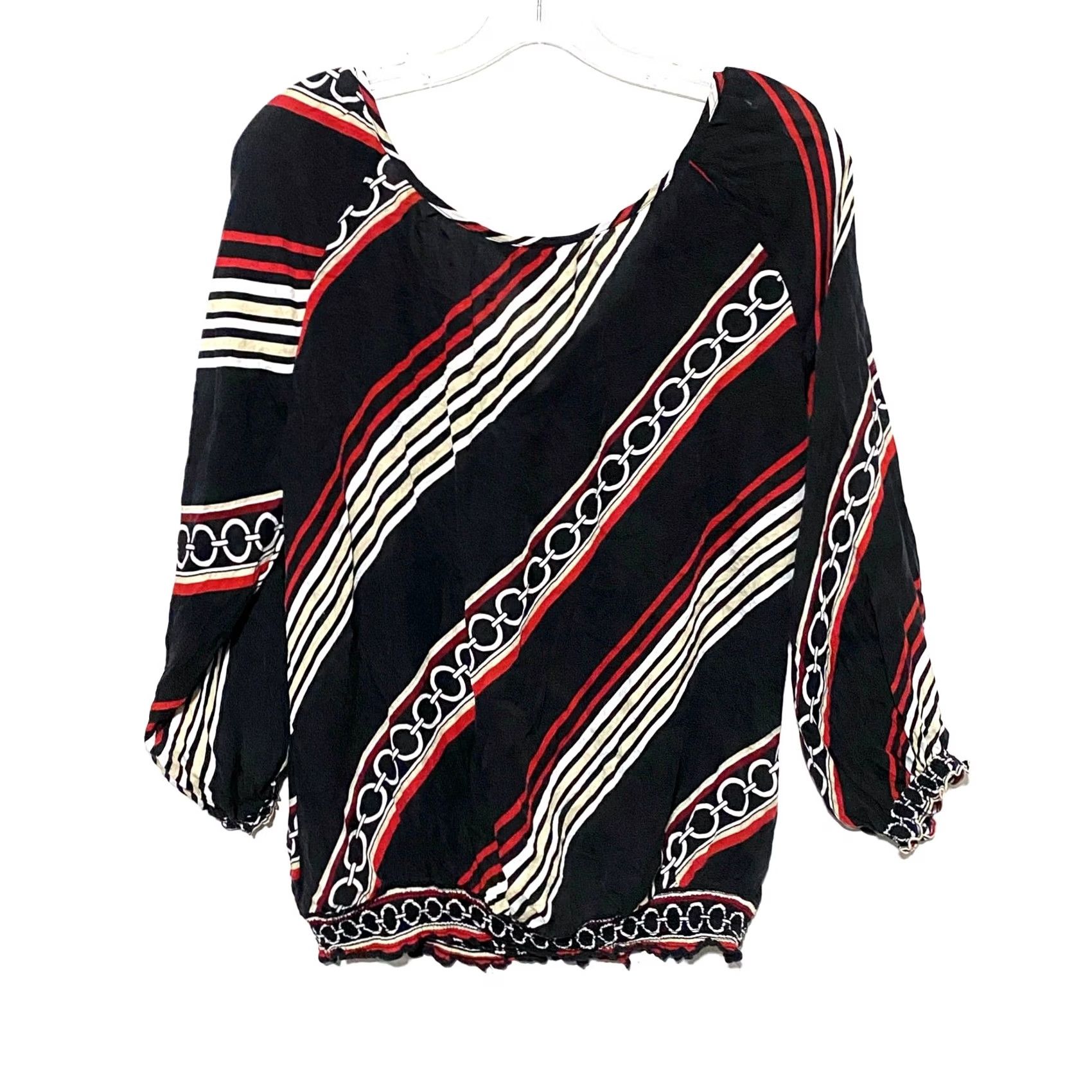 White House Black Market WHBM Silk Blouse Top L Silk Pullover Whimsigoth Peasant Black Red Geometric Ruffle Hem Career Workwear Formal Women L Size L / US 10 / IT 46 - 3 Thumbnail